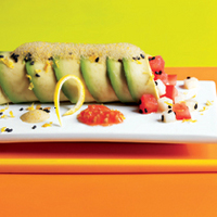 Avocado Canelones with Tomato Caviar and Soy Air