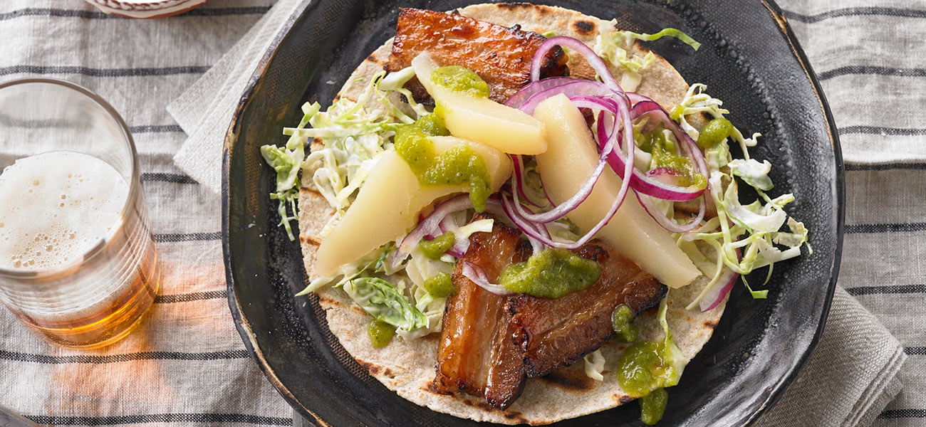 pear and pork belly tacos
